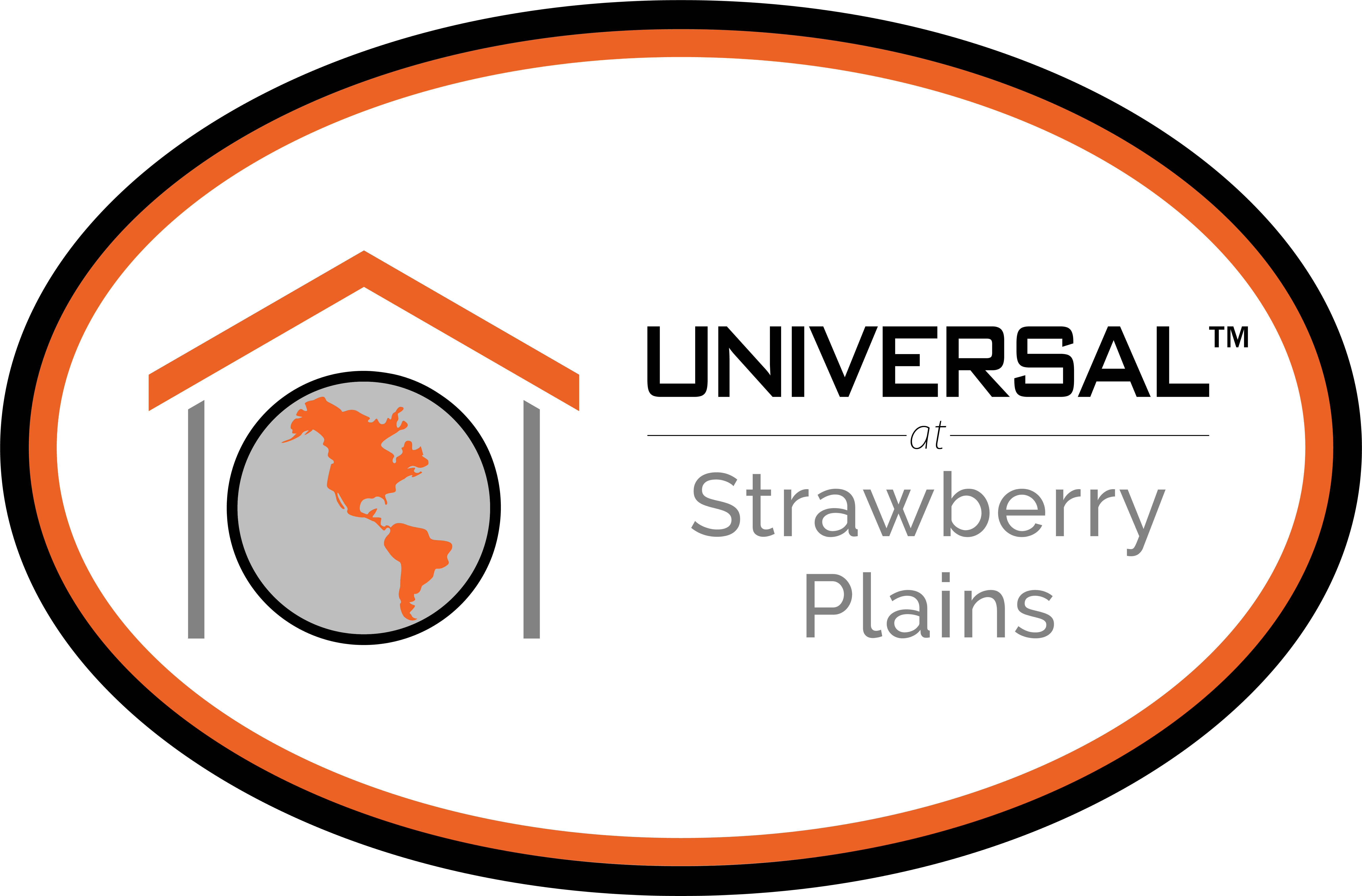 A logo with the text "UNIVERSAL at Strawberry Plains" and a graphic of a house with a globe inside it.